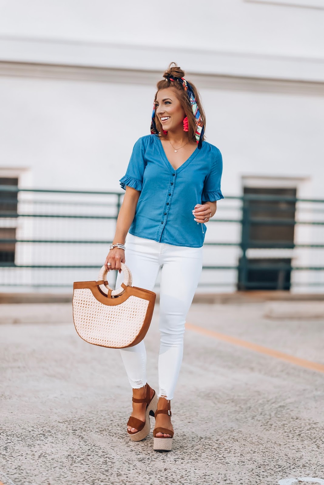 My Favorite Way to Style Chambray: Madewell Ruffle Sleeve Chambray Top, Target Straw Bag + $12 Scarf - Something Delightful Blog #springstyle #chambray #everydaystyle