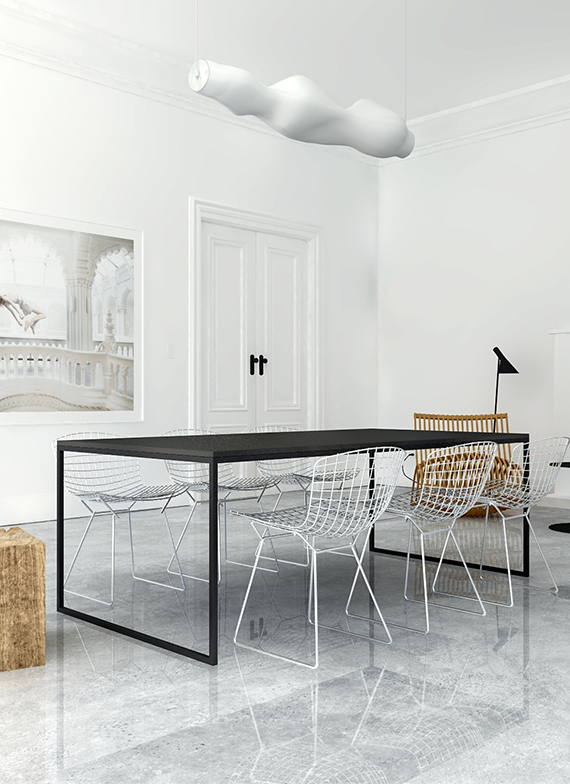 Eclectic minimalistic dining room with gloss concrete floor. Interior design by Eleni Psyllaki @myparadissi