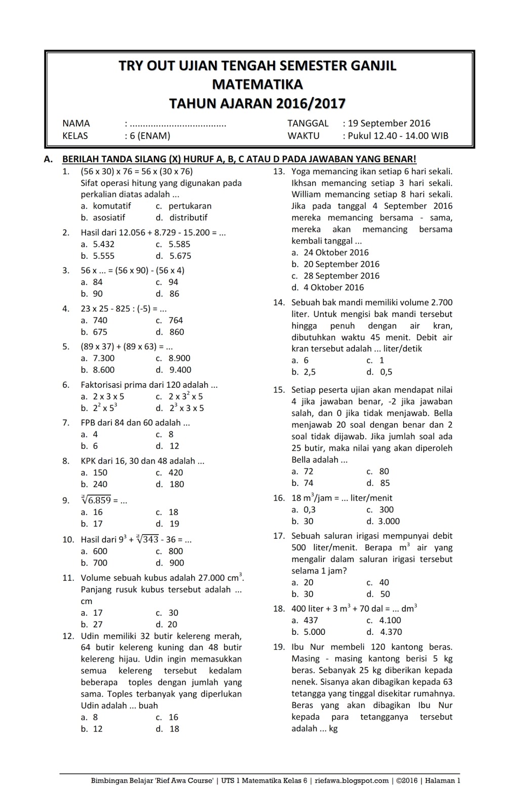Soal Ujian Kelas 6 Matematika – IlmuSosial.id