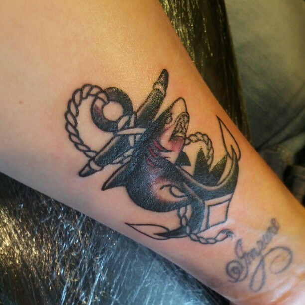 A picture of a Shark Anchor Tattoo by Vicky Morgan