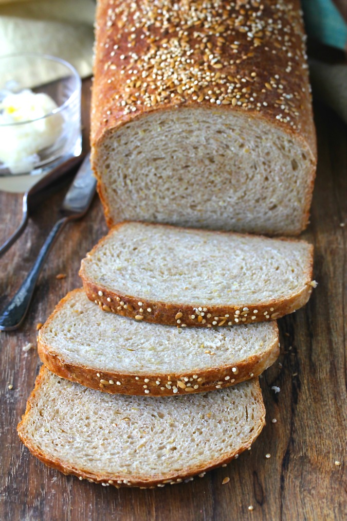 This whole wheat quinoa bread is packed with high protein quinoa and flax seeds. 