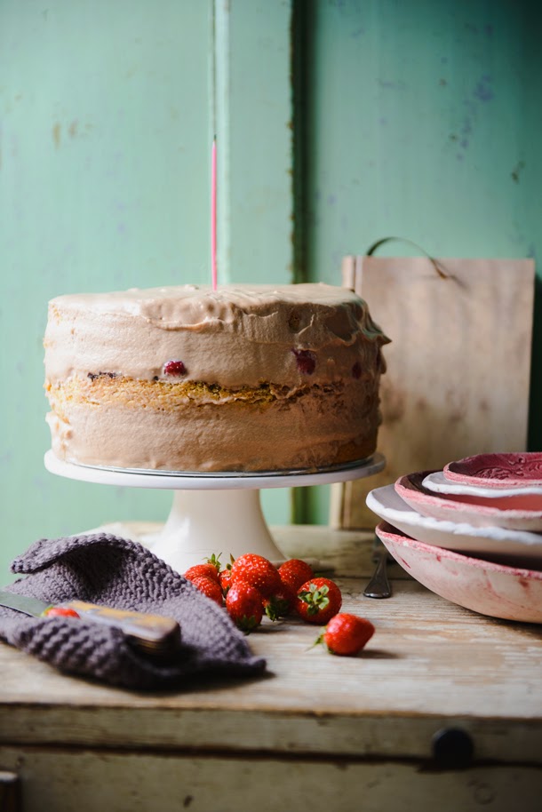 Strawberry cake with chocolate & salted caramel mousse and almond sponge
