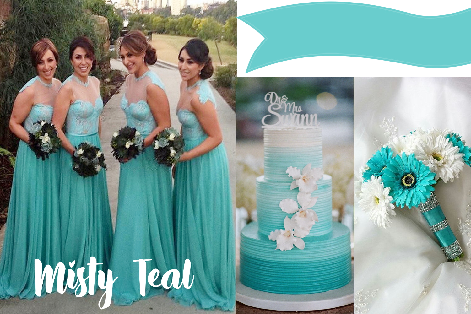 wedding collage with misty teal bridesmaid dresses