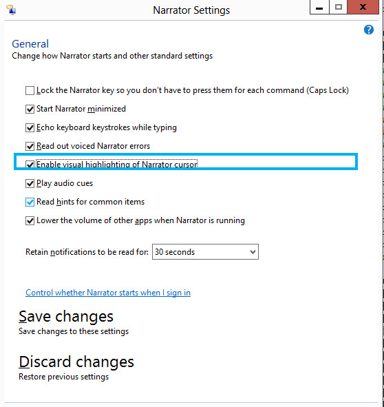 Techland: Windows: Narrator Blue Box appearing around active item