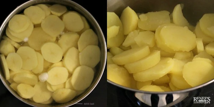 Making mashed potatoes with potato slices in pan
