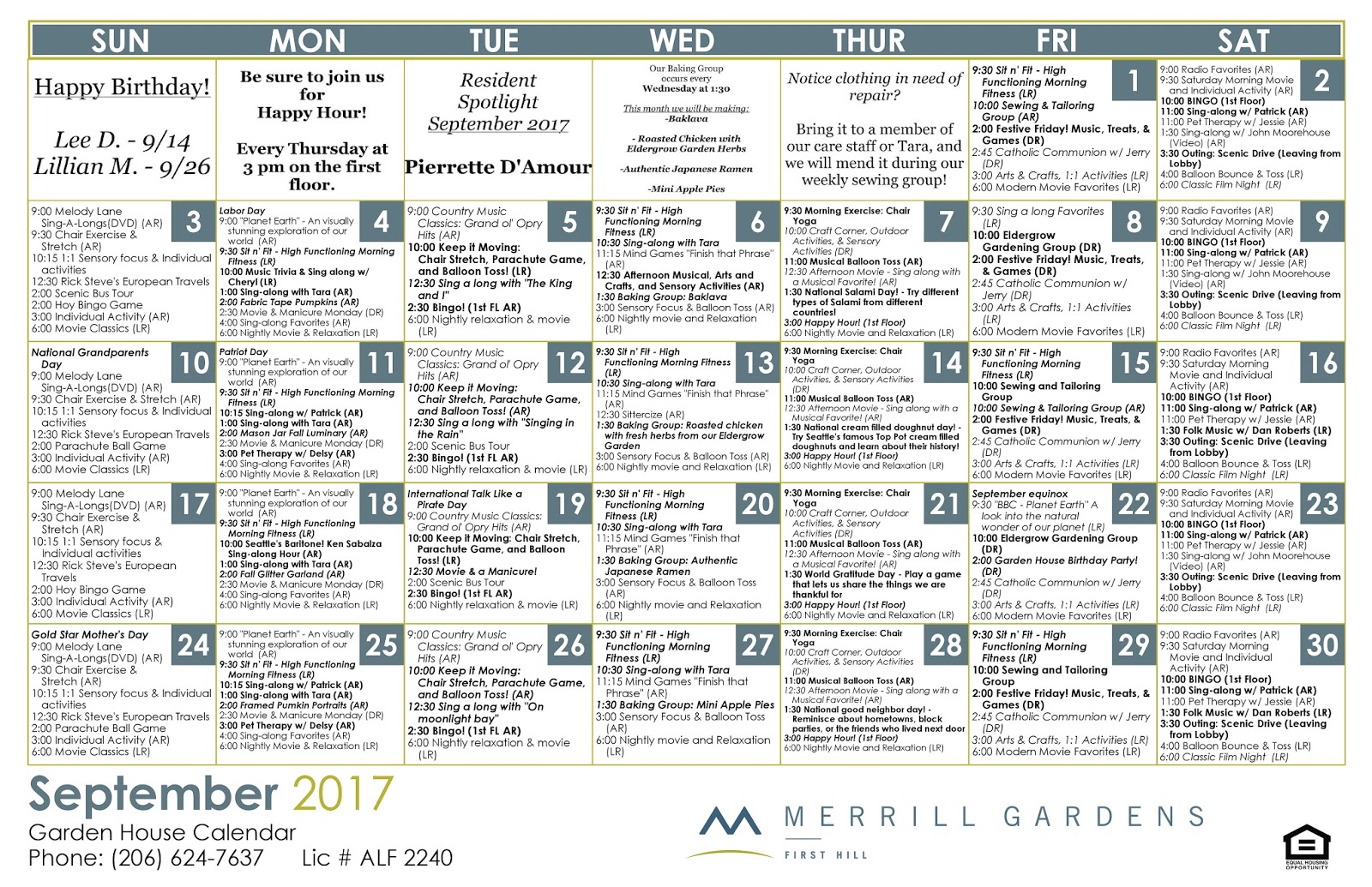 Merrill Gardens at First Hill September Garden House Calendar