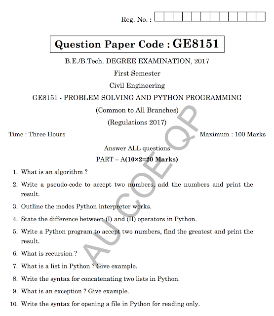 GE8151: Problem Solving and Python Programming Question Papers