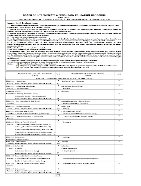 Inter part.1 date sheet,Inter Part.2 Date Sheet,Inter Annual 2019 Exams Date Sheets,