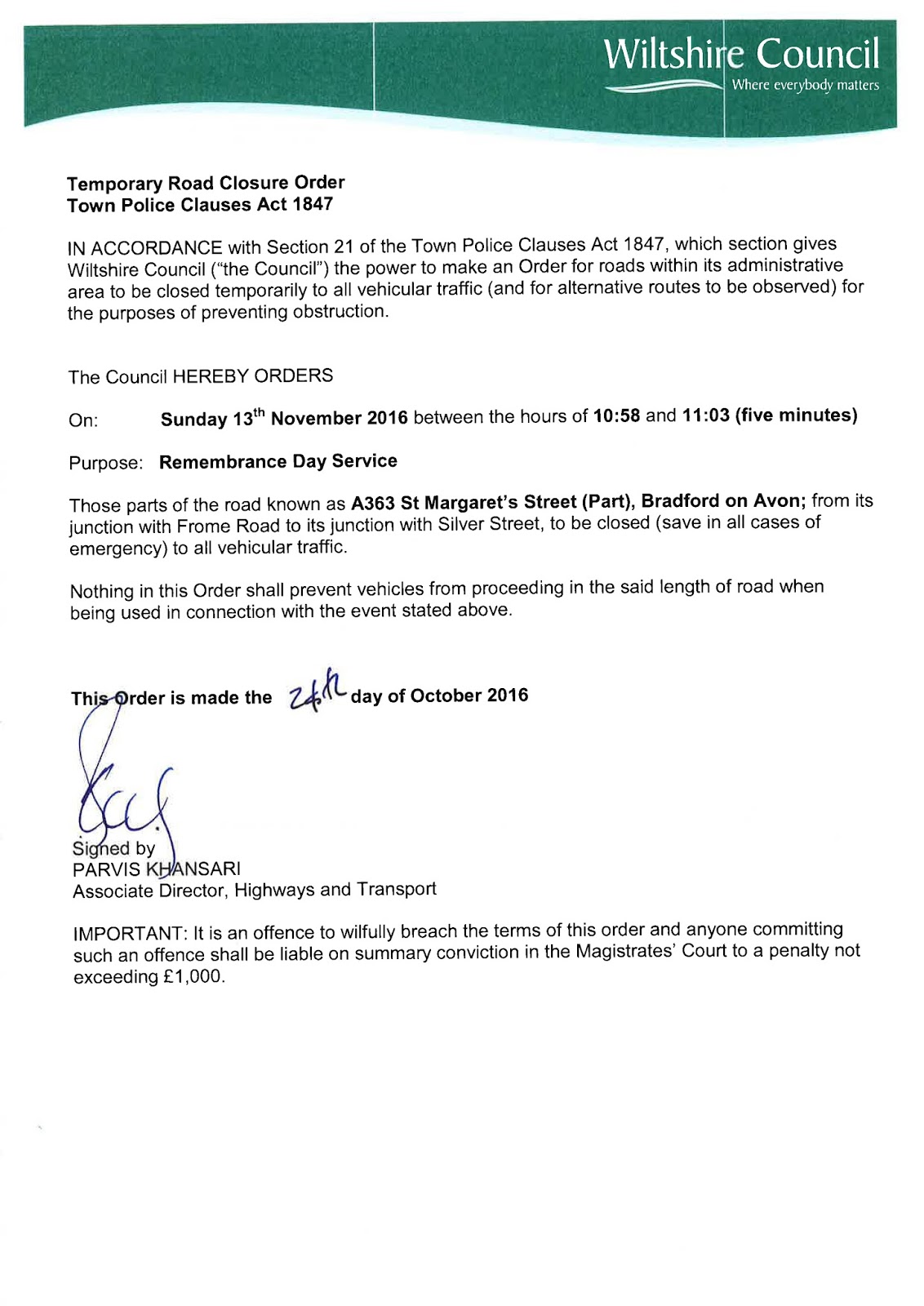 Temporary Road Closure Order Bradford on Avon Town Council
