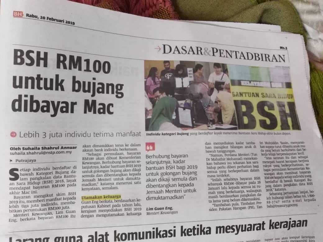 Bujang dapat BSH RM100 pada akhir Mac 2019?