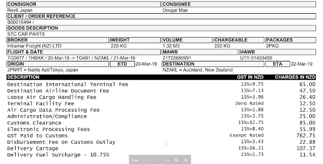 Mazda Cobra components customs charges
