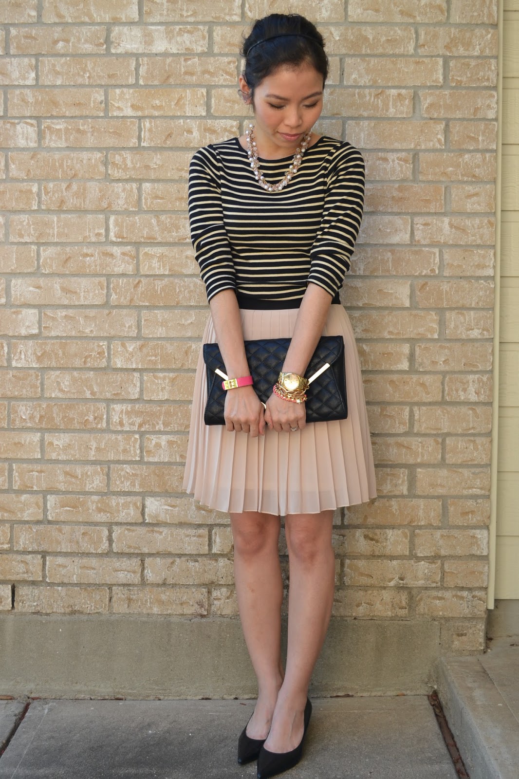 Style and Cappuccino Simply Elegant Striped shirt & pleated skirt