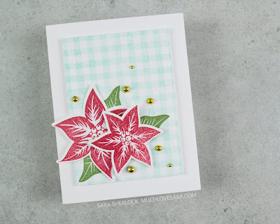 This simple and fun Christmas card features a non-traditional pop of Pool color behind the more traditional red and green.  Featuring stamps from Fun Stampers Journey. 