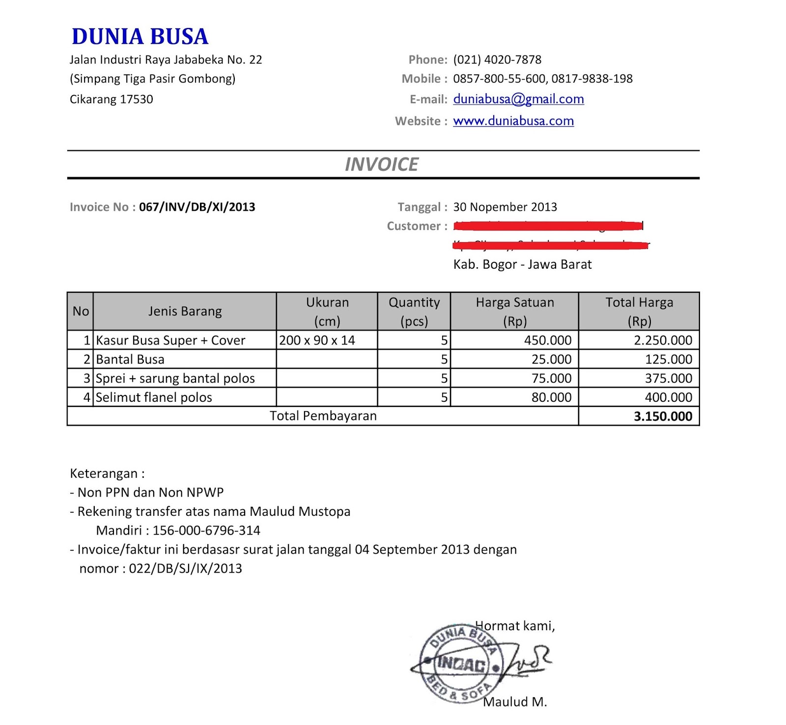 Contoh Format Invoice Atau Surat Tagihan Brankas Arsip