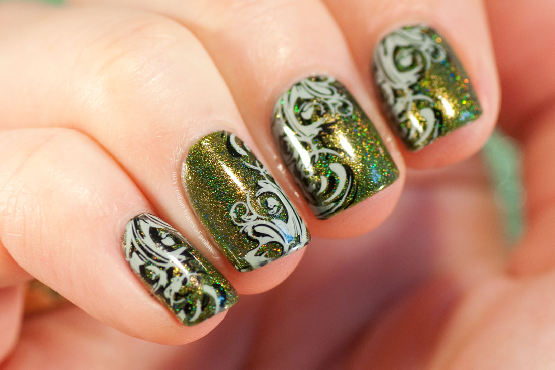 Green Holo Manicure stamped with MoYou Pro 04