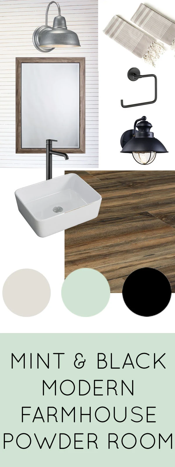 Check out these ideas for a modern farmhouse powder room with mint, black, and wood tones. Love the idea of a skinnylap backsplash!