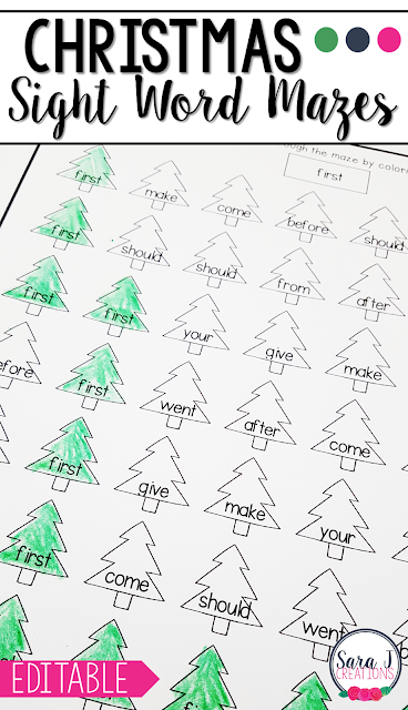 Editable sight word mazes with a Christmas tree theme are perfect for December or any winter month. Add your own words and the mazes will be automatically created for you!