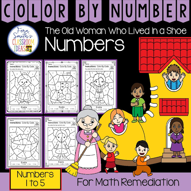 Click Here to Download This Color By Number For Math Remediation Numbers 1 to 5 - There Was An Old Woman Who Lived in a Shoe