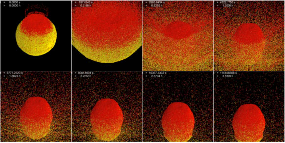 Alguns quadros da simulação, onde o asteroide foi atingido porém se reorganiza logo em seguida - Charles El Mir - Johns Hopkins University