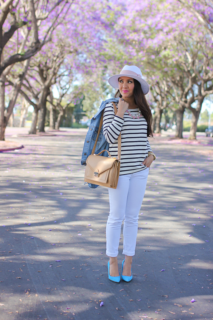 AG cigarette stilt roll up white jeans Ann Taylor stripe shoulder zip cotton top BP leaf necklace H&M white straw hat with pink ribbon Jcrew blue elsie suede pumps Kate Spade seaport faux pearl stud earrings Loeffler Randall rider bag