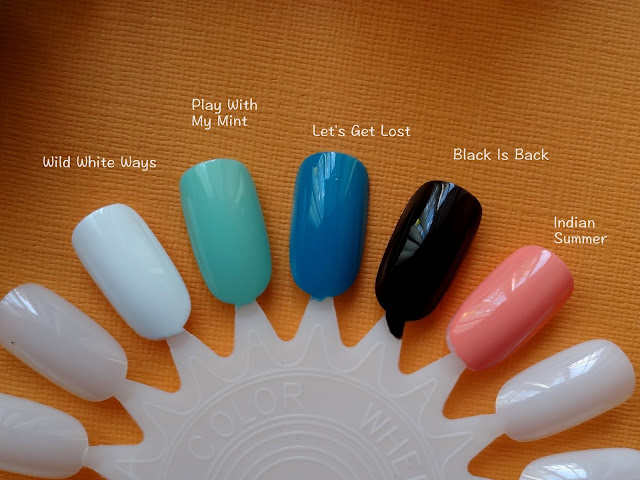 Essence Gel Nail Polish Wild White Ways, Black is back, Indian summer, lets get lost, play with my mint swatches