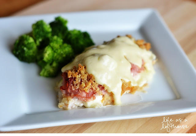 Easy Chicken Cordon Bleu is chicken breasts topped with ham, Swiss cheese, bread crumbs and a delicious Parmesan-Dijon cream sauce. Life-in-the-Lofthouse.com