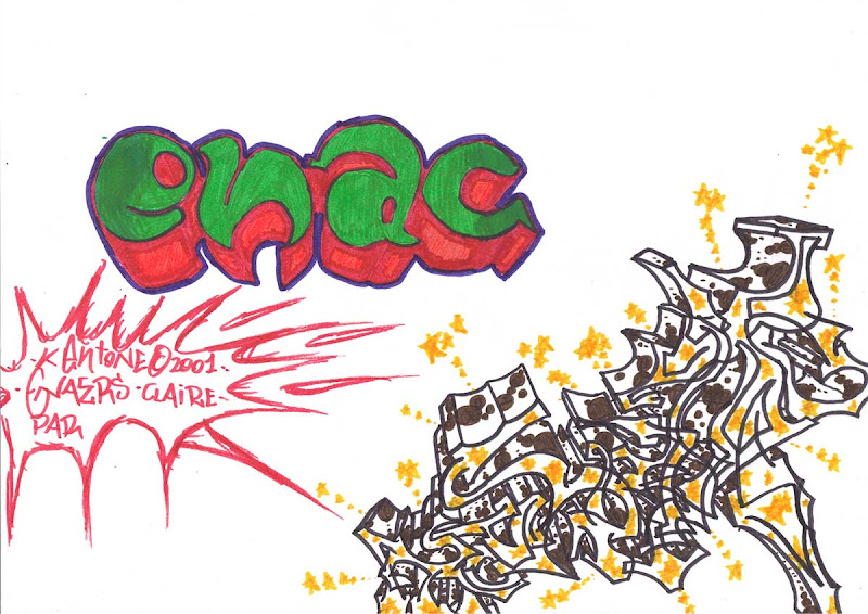 Kent and Ena crew. Green, red, white and ochre markers. Original naive, vintage graffiti sketch on copy paper by Kostas Gogas (akney), signed as Kent from his first Folder, 2001. ENA graffiti crew.