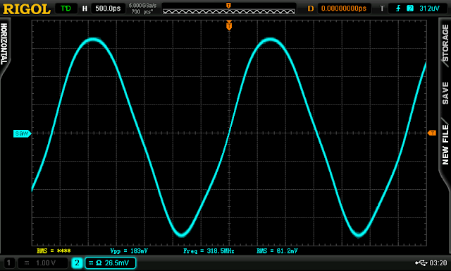 Per usual, the time domain waveform shows distortion when taken from the emitter node of a Colpitts.