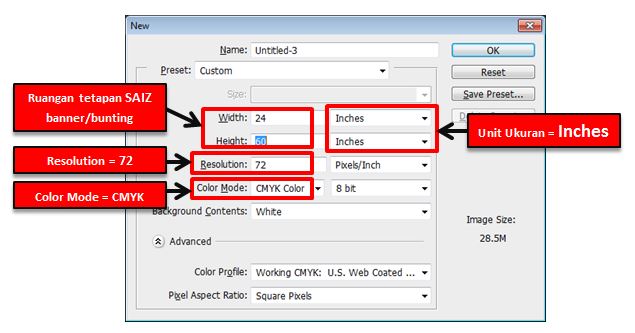 Cara Design Banner Bunting Backdrop Setup Saiz Resolution Color Mode Photoshop Aaz