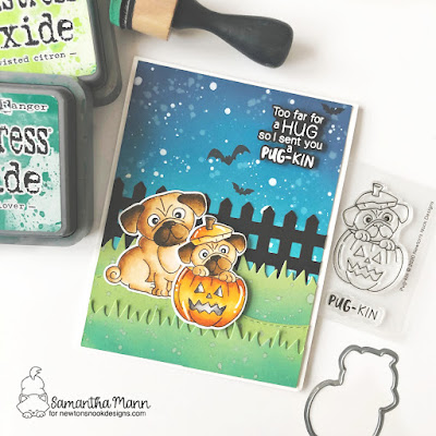 Sending a Pug-kin Card by Samantha Mann for Newton's Nook Designs, Cards, Card Making, Distress Oxide Inks, Ink Blending, Halloween Card, Halloween #halloween #cards #cardmaking #pug #pugkin #scene