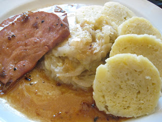 Lunch of smoked ham with potato dumplings