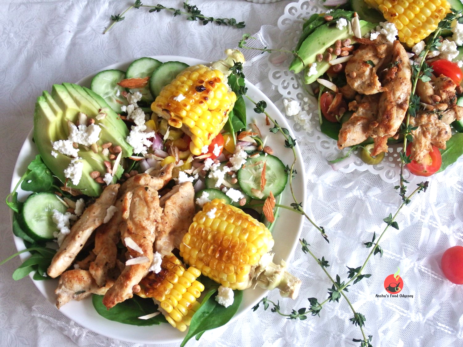 Grilled Chicken, Corn & Avocado Salad with Chironjee, Feta & Orange
