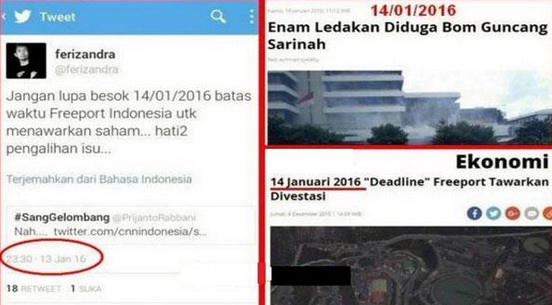 Netizen Duga Ledakan Bom Sarinah Cuma Pengalihan Isu Freeport dan DWP