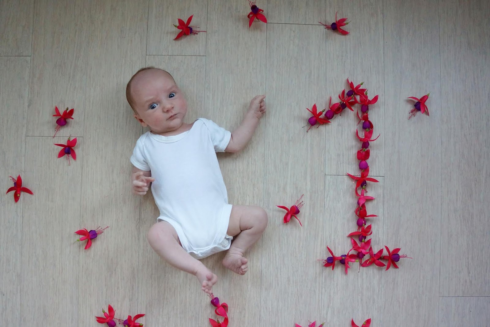 baby with number one made from flowers