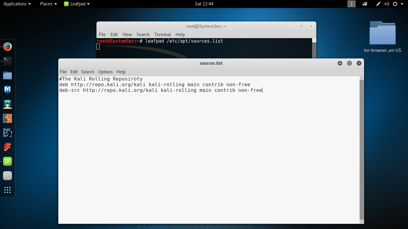 Linux rolling. Leafpad. kali rolling.