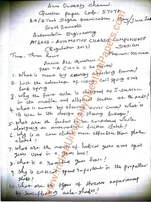 AT6602 Automotive Chassis Components Design May June 2016 Question