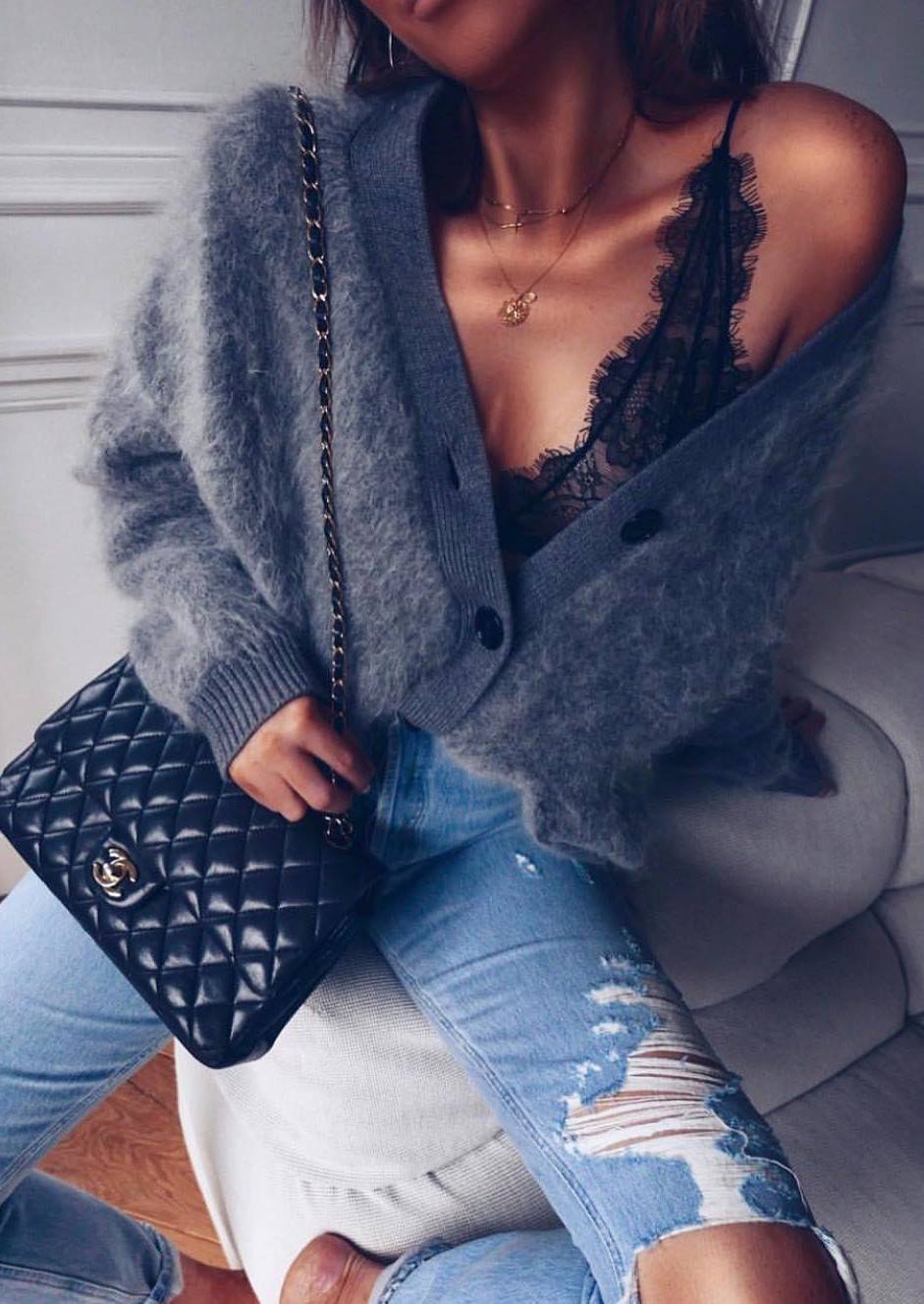 cozy outfit / cashmere cardi + black lace top + bag + rips