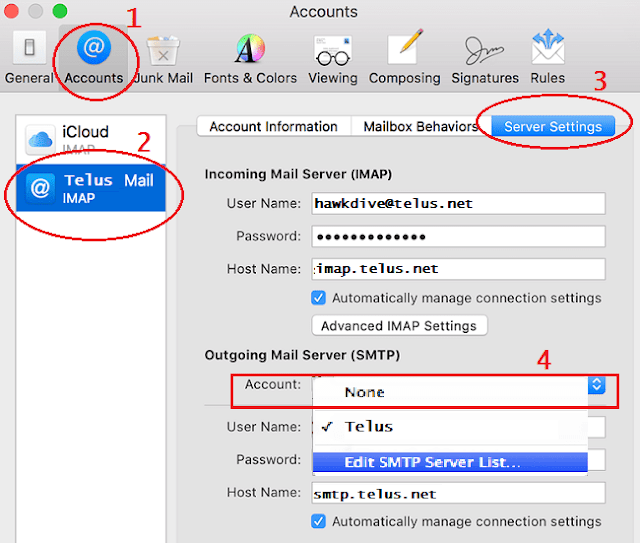 Edit Telus SMTP mail server settings on macOS Sierra