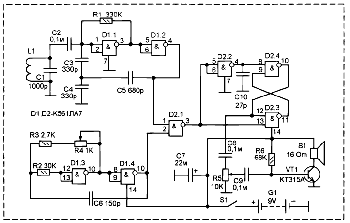 С дискриминацией схема. Металлоискатель на микросхеме к561ла7 и к561ла9. Схема простого металлодетектора. Металлоискатель к176ла7 схема. Схема простого металлодетектора на транзисторах.