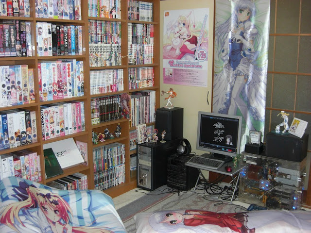 Niewielki pokój z grami, mangą oraz anime