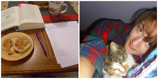 December collage books at breakfast cat plaid