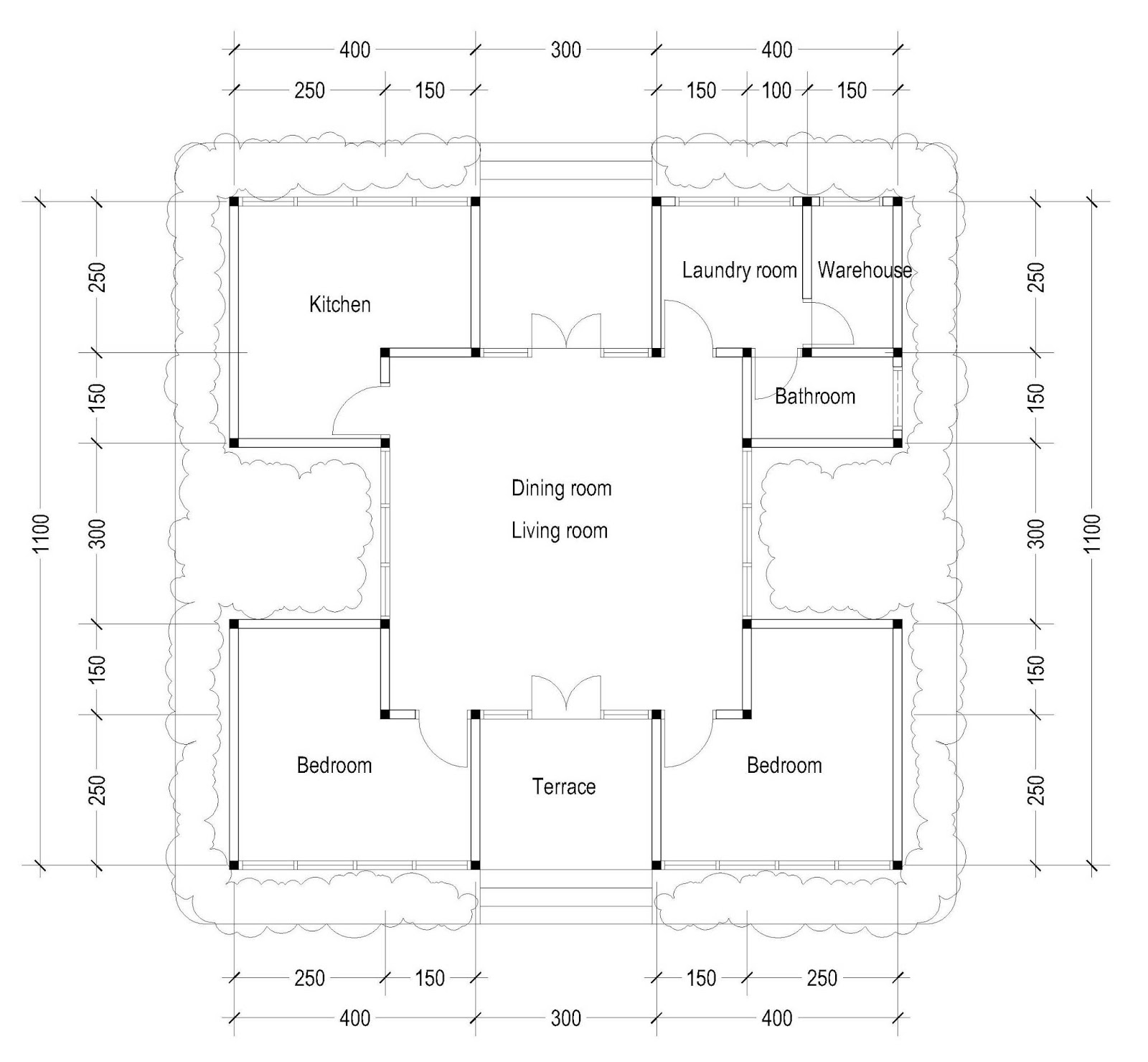 Denah Rumah persegi Dengan ruang tengah yang luas