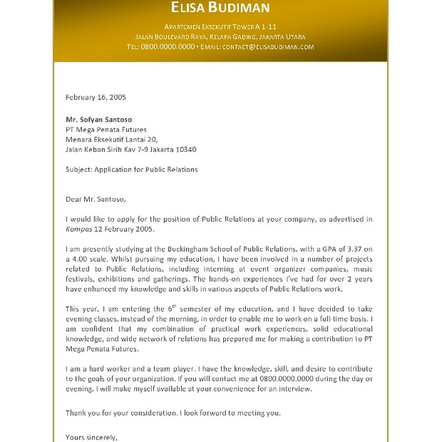 Contoh Application Letter Sekretaris Dalam Bahasa Inggris