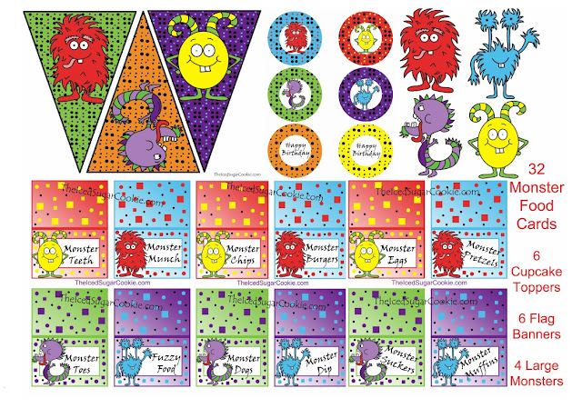 Monster Birthday Party Printables Cutout Template Food Label Tent Cards Cupcake Toppers Flag Garland Banners Clipart Cartoon Large Table Decorations Centerpieces Fall Monster Party Food Ideas