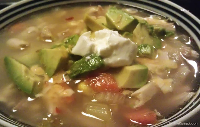 The Rising Spoon Blog: White Chicken Chili  Topped with Avocado and Sour Cream & Green Chile Cornbread Muffins