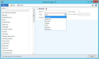 Attribute types can be set up as Currency, DateTime, Decimal, Integer, Text, Boolean, or Reference