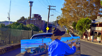 Plein air oil painting by Industrial Heritage Artist Jane Bennett of Millers Point Barangaroo and the Harbour Tower from High st