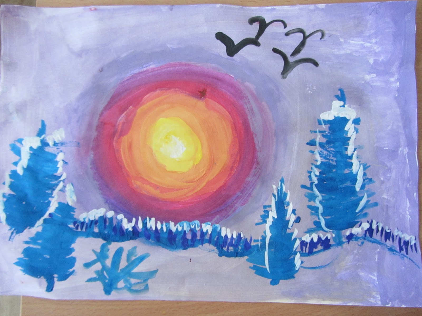 Как нарисовать зимний пейзаж с краской для первоклассников