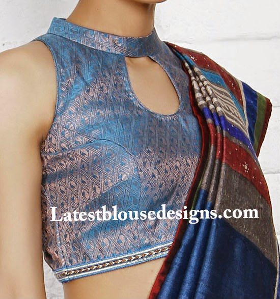 Blue Brocade Blouse with Back Cut Out | Latest Blouse Designs