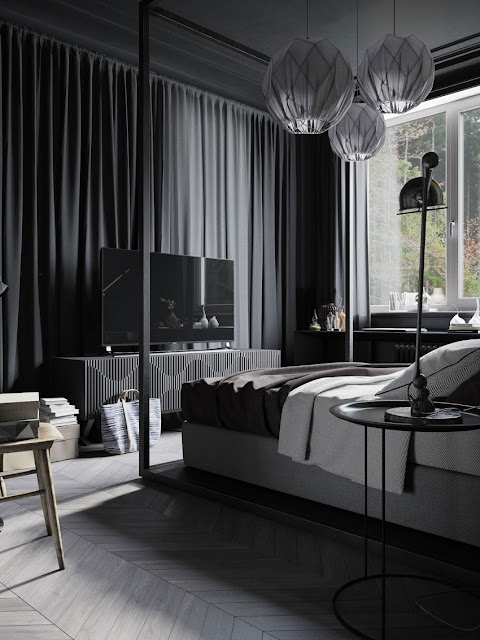 Modern black and white bedroom design and combination of yellow painting